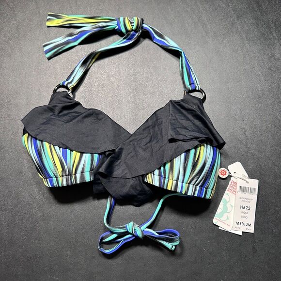 Swim Systems Ruffle Slide Push Up Triangle Swim Top Medium Green/Blue Black New - Picture 1 of 8